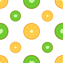 Seamless pattern with the image of slices of kiwi and orange. Flat vector illustration isolated on white background.