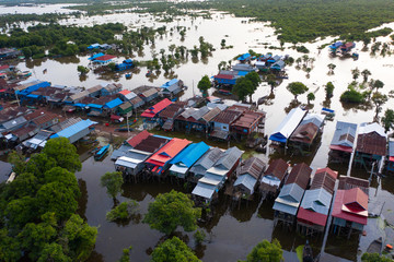Flooded village and forest, Kompong Phluk, Tonle Sap, Siem Reap, Cambodia.