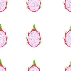 Seamless pattern with the image of slices of Pitaya. Flat vector illustration isolated on white background.