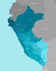 Vector illustration. Simplified administrative map of Peru. Blue background of Pacific Ocean. Borders with Brazil, Ecuador, Colombia, Chile Bolivia. Names of Peruvian cities, provinces