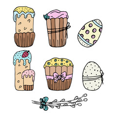 Set of hand drawn colorful easter elements: easter cakes, eggs and willow twigs isolated on a white background. Doodle, simple outline illustration.