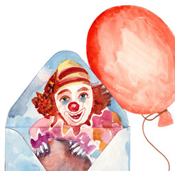 watercolor illustration of a circus clown with a balloon crawls out of an envelope