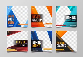 Sport square banner template for social media post, boxing, fitness and gym banner