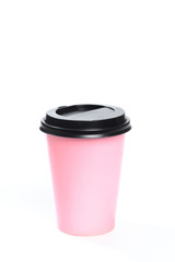 Coffee or tea pink paper cup isolated on white background  - Image