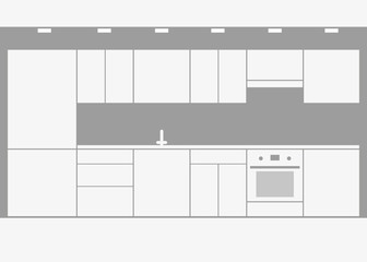 Interior of white modular kitchen in minimalist style. Monochrome kitchen, storage and cooking area. Vector illustration
