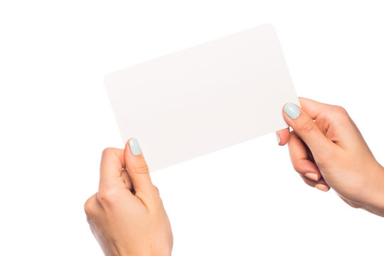 female hand isolated on white background holding card  with text place  - Image