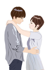 向き合って見つめ合う男の子と女の子カップル