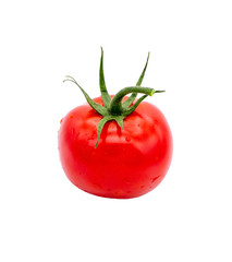 One red tomato with green leaves, isolated on a white background
