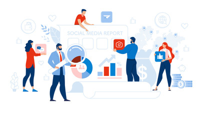 Social Media Report Management and Optimization. Tiny People Auditor, Analytics, Accountant Team with Tool for Checkup, Network Icon. Statistic Result in Chart Graph on Computer Monitor Illustration