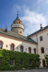 Sychrov Castle with typical pink facade. Neo-Gothic style chateau with beautiful english style park in summer. Bohemian Paradise, Czech Republic