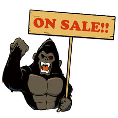 ON SALEの木製看板を持つリアルなゴリラのイラスト　正面 © Tabata Art Studio