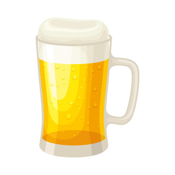 Full Mug of Beer with Drops and Beer Foam Vector Illustration
