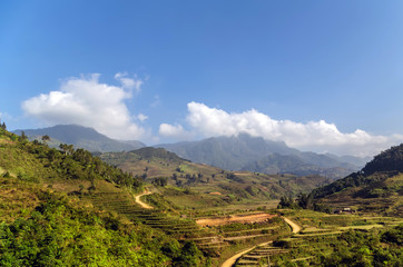 Fototapeta na wymiar rice fields stretching across mountains in Vietnam.