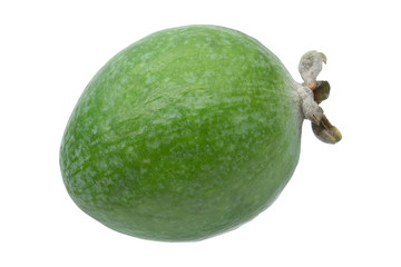 Green feijoa fruits isolated on white background. Scientific name Acca sellowiana. Top view. Healthy and balanced diet eating concept. Fresh fruits concept.