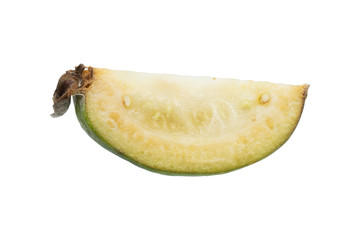 Green feijoa fruits isolated on white background. Scientific name Acca sellowiana. Top view. Healthy and balanced diet eating concept. Fresh fruits concept.