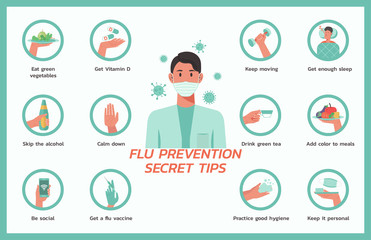 flu prevention secret tips infographic concept, healthcare and medical about flu protection, vector flat symbol icon, layout, template illustration in horizontal design