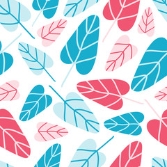 Leaves hand drawn color vector seamless pattern. Blue and pink leaves on a white background. Cartoon leafage flat illustration. Decorative textile, wallpaper, fabric, wrapping paper design idea.