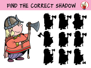 Little viking with big axe. Find the correct shadow. Educational matching game for children. Cartoon vector illustration