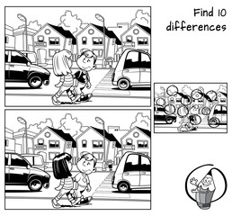 City street. Find 10 differences. Educational matching game for children. Black and white cartoon vector illustration