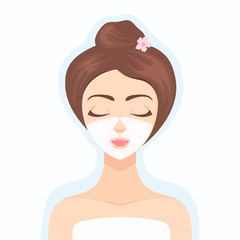 Beautiful girl performs a cosmetic procedure using a collagen face mask. Collagen cosmetics. Cosmetic skin care mask for the face. Beauty treatment. Vector flat illustration.