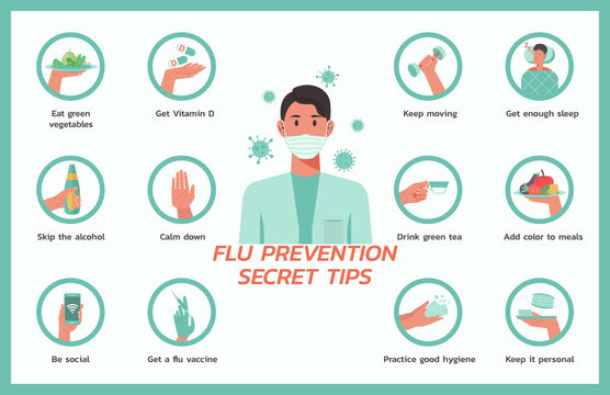 flu prevention secret tips infographic concept, healthcare and medical about flu protection, vector flat symbol icon, layout, template illustration in horizontal design
