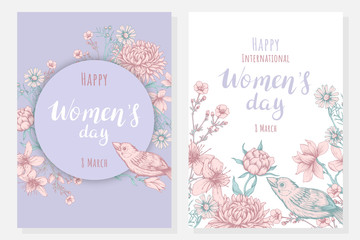Two greeting cards Happy International Women's Day. Backgrounds with flowers and birds