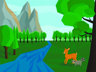 Naklejka premium Deer and raccoon in forest