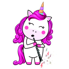 Beautiful Cute Little Unicorn Playing Clarinet Musician.Vector/Illustration.T-Shirt Design/ Sticker etc.