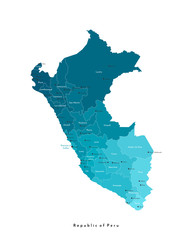 Vector modern isolated illustration. Simplified administrative map of Peru in blue trendy colors. White background and outlines. Names of Peruvian cities, provinces.