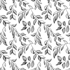 Watercolor black and white citrus leaves seamless pattern. Hand drawn monochrome twigs and tree branches illustration isolated on white background. Herbs for printing, package, textile, cards, decor