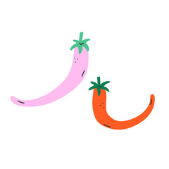 Cute doodle hot chili pepper vector icons on white background. Colored hot chili peppers set. Cute flat cartoon illustration, hand drawn art