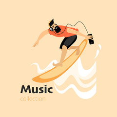 The guy on the surfboard with headphones and a smartphone in his hands glides along the music waves. Conceptual image of enjoying music