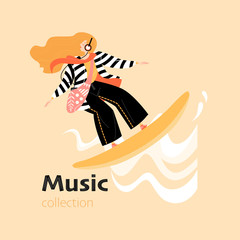 The girl on the surfboard with headphones glides along the musical waves. Conceptual image of enjoying music