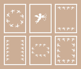 Angel frame card set in minimalistic style in white color in brown background.