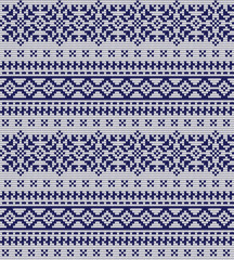 Vector knitted seamless winter pattern with fair isle elements and snowflakes..