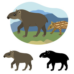 Mother tapir with his baby walk on the grass against the background of a mountain landscape