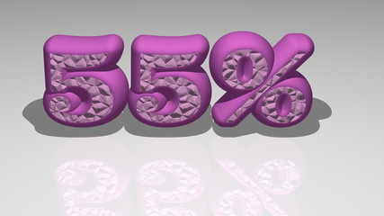 Colorful text of 55%  rendered in 3D casting shadows, ideal image for conceptual display and graphical applications