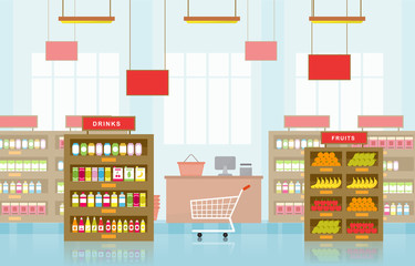 Supermarket Grocery Shelf Store Retail Shop Mall Interior Flat Illustration