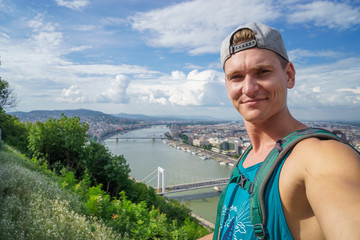 cityscape view of Danube river at the night with bridge in Budapest