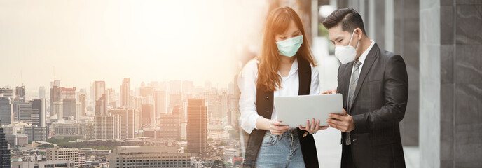 People pay attention to the virus alerts coming from contact. And the respiratory system, business man and women standing, wearing a mask