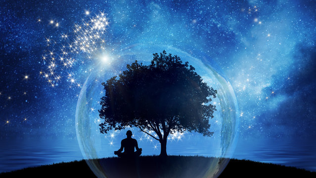 Yoga cosmic space meditation illustration, silhouette of man practicing outdoors at night