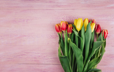  Bouquet of yellow, red and pink tulips on a pink wooden background copy space.