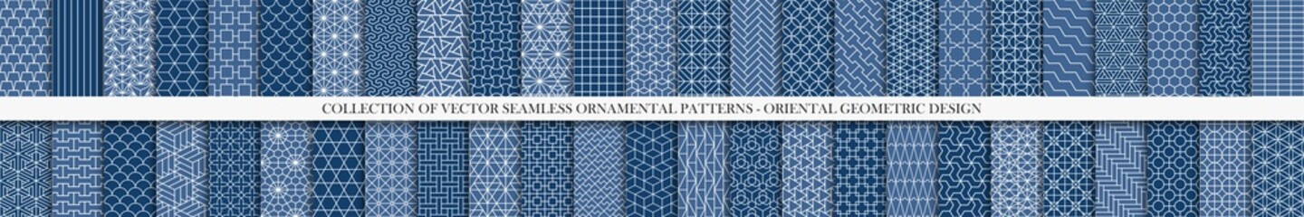 Materiał do szycia Collection of seamless geometric ornamental vector patterns. Tile oriental backgrounds. Trendy blue design