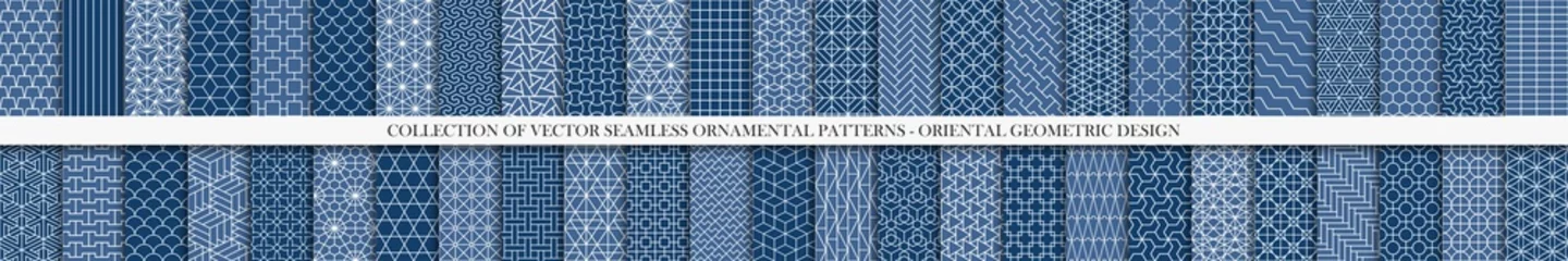 Poster Collection of seamless geometric ornamental vector patterns. Tile oriental backgrounds. Trendy blue design © ExpressVectors