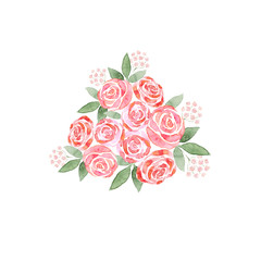 Watercolor bouquets of various shapes. Flowers, leaves and buds. Design of postcards, invitations and graphic design