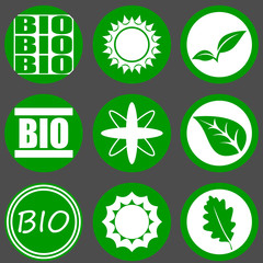 A set of nine different abstract icons for the theme of clean ecology. Biologically pure products.