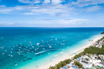 Fototapeta na wymiar Coastal Resort Scenery of Boracay Island, Philippines, a Tourism Destination for Summer Vacation in Southeast Asia, with Tropical Climate and Beautiful Landscape. Aerial View..