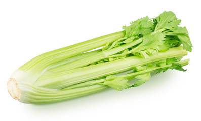 Bunch of fresh celery stalk with leaves isolated on a white background.