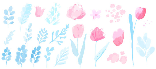 Vector watercolor plants, branches with leaves and flowers, tulips and loose peonies. Pastel pink and blue set of spring design elements.