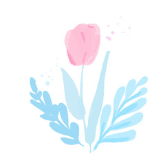 Watercolor tulip with soft pastel pink leaves. Loose painting of flower composition for greeting cards and feminine design. Simple and delicate vector blooming plant on white background